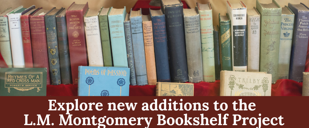 a row of colorful book spines with the text "explore new additions to the lm montgomery bookshelf project"